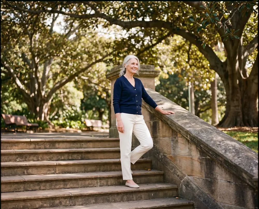 A healthy 65-year-old woman with silver hair climbing sandstone steps in a Sydney park