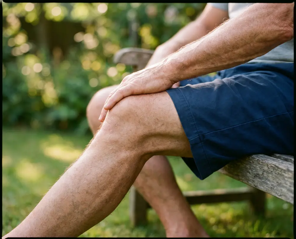 A healthy 70-year-old man's knee, his hand resting above it, in a sunlit garden